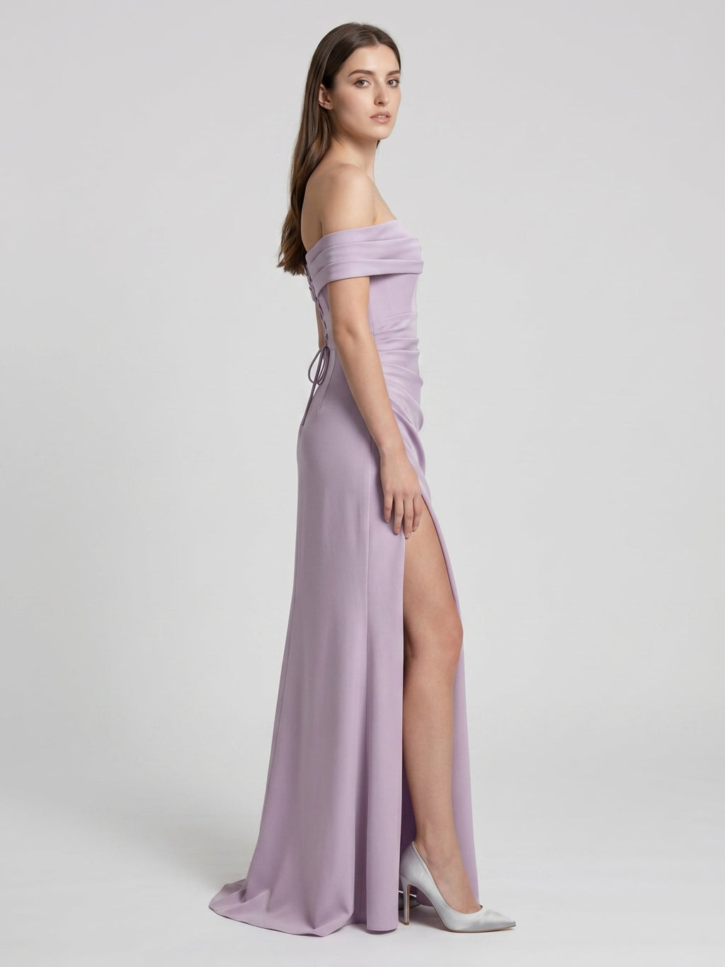 Lavender Matte Satin Column Off-the-Shoulder Lace-up Floor-Length Bridesmaid Dress - Curvevia