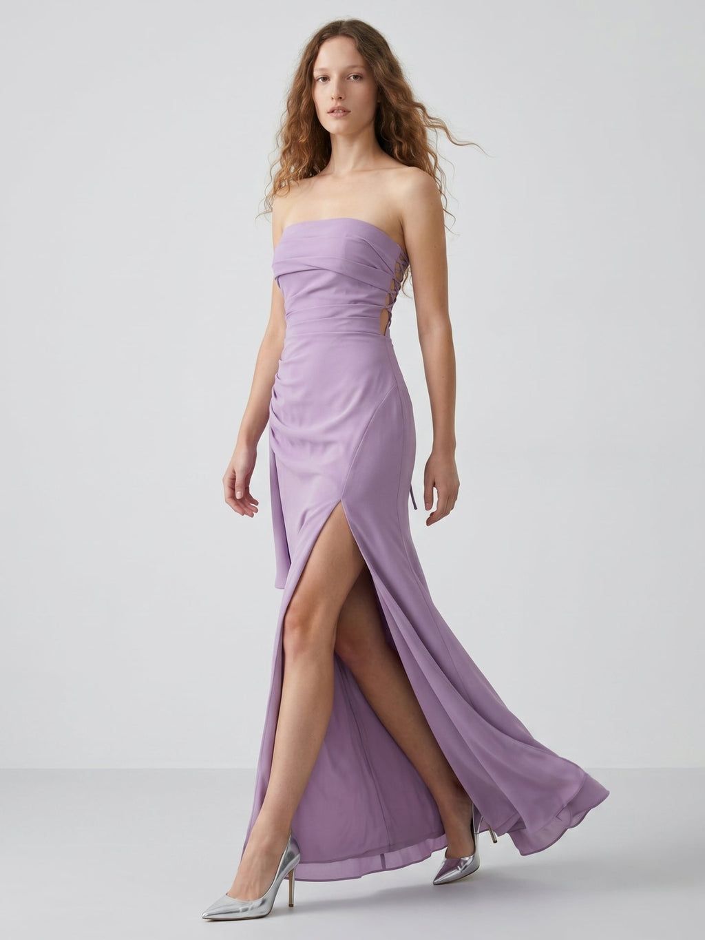 Lavender Matte Satin Mermaid Straight Neck Criss-Cross Straps Floor-Length Bridesmaid Dress with Pleats - Curvevia