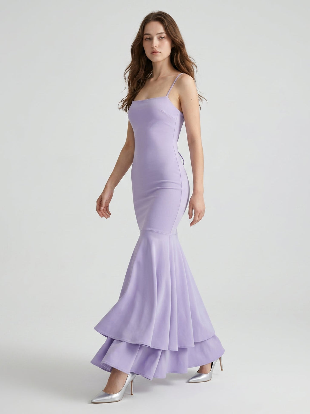 Lavender Matte Satin Mermaid Straight Neck Lace-up Floor-Length Bridesmaid Dress - Curvevia