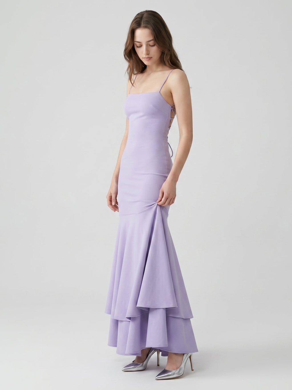 Lavender Matte Satin Mermaid Straight Neck Lace-up Floor-Length Bridesmaid Dress - Curvevia