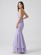 Lavender Matte Satin Mermaid Straight Neck Lace-up Floor-Length Bridesmaid Dress - Curvevia