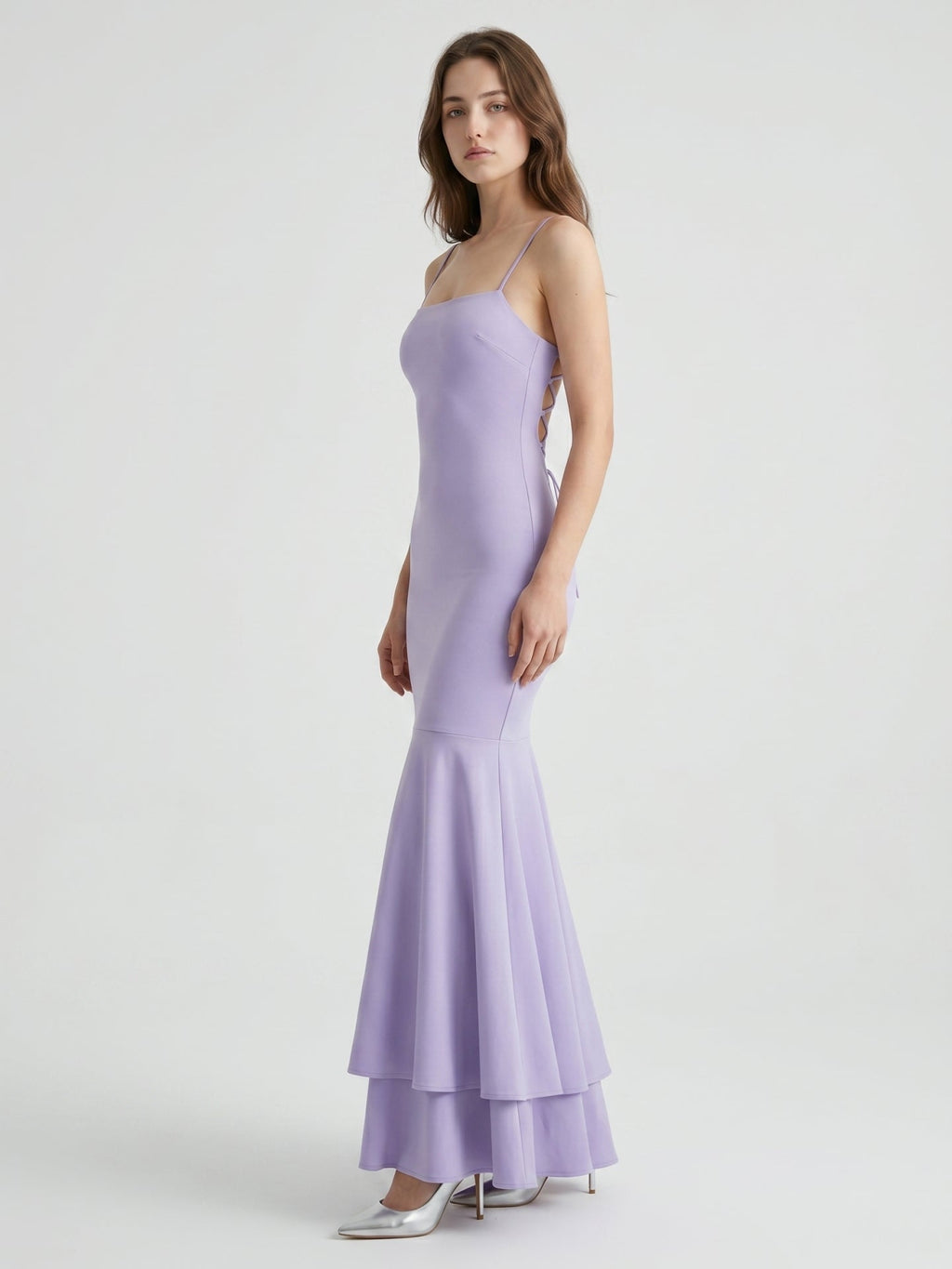 Lavender Matte Satin Mermaid Straight Neck Lace-up Floor-Length Bridesmaid Dress - Curvevia