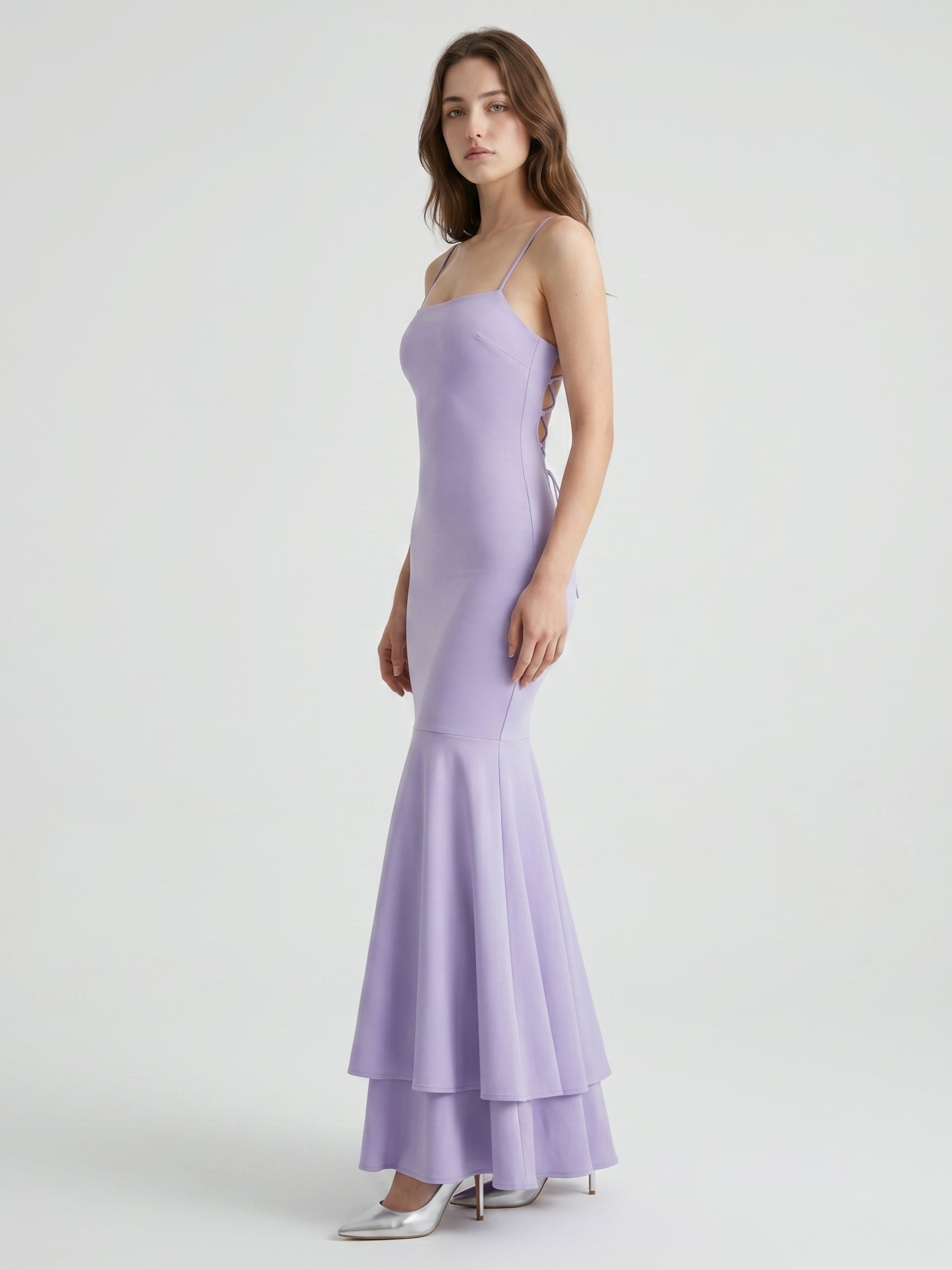 Lavender Matte Satin Mermaid Straight Neck Lace-up Floor-Length Bridesmaid Dress - Curvevia