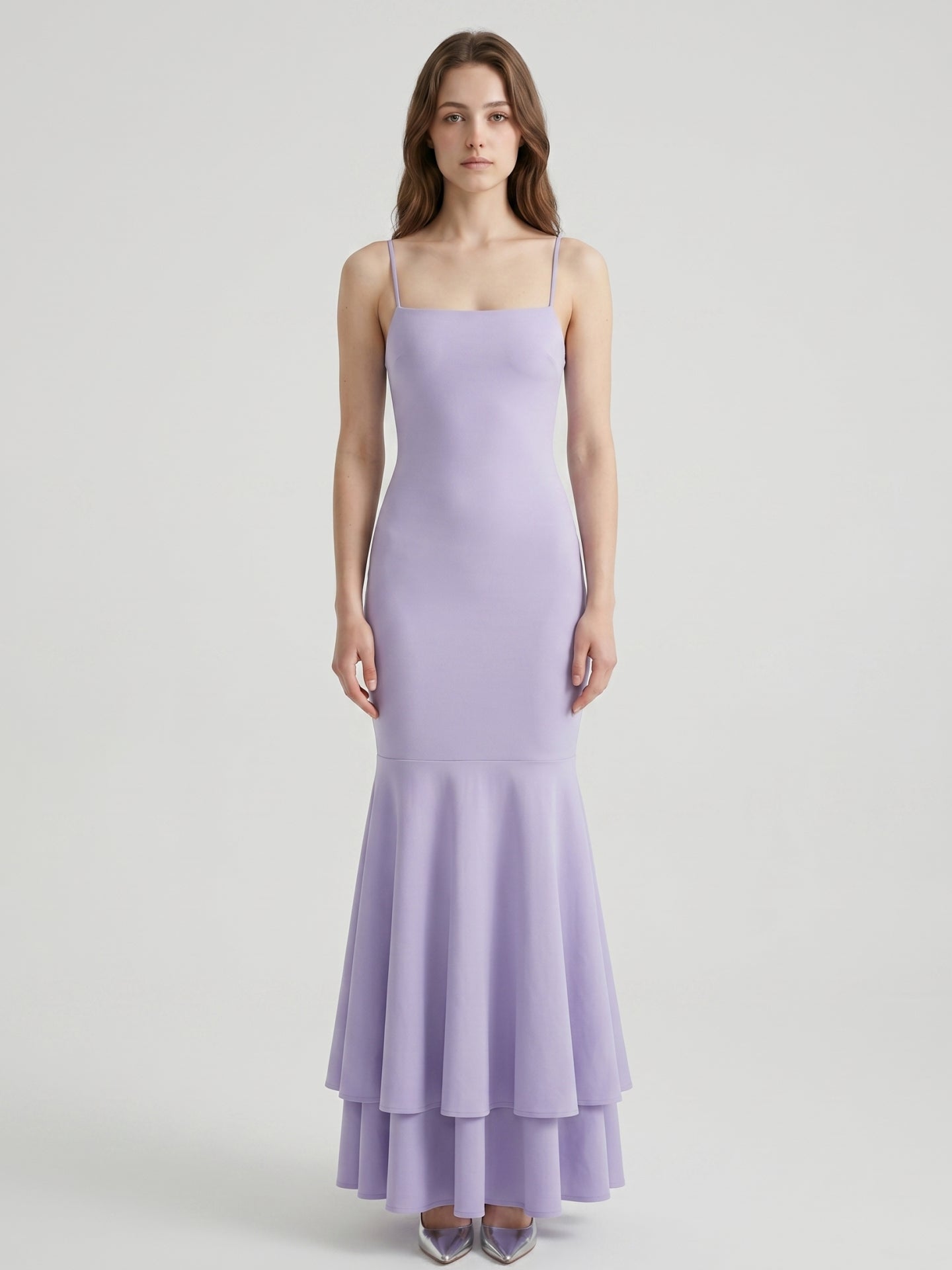 Lavender Matte Satin Mermaid Straight Neck Lace-up Floor-Length Bridesmaid Dress - Curvevia