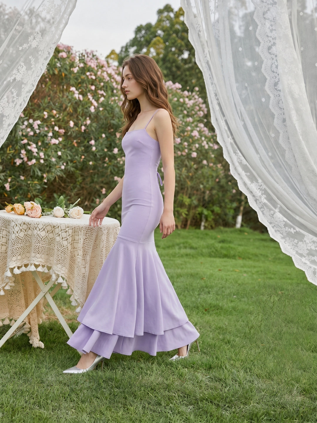 Lavender Matte Satin Mermaid Straight Neck Lace-up Floor-Length Bridesmaid Dress - Curvevia