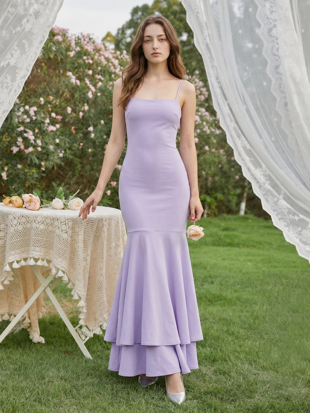 Lavender Matte Satin Mermaid Straight Neck Lace-up Floor-Length Bridesmaid Dress - Curvevia
