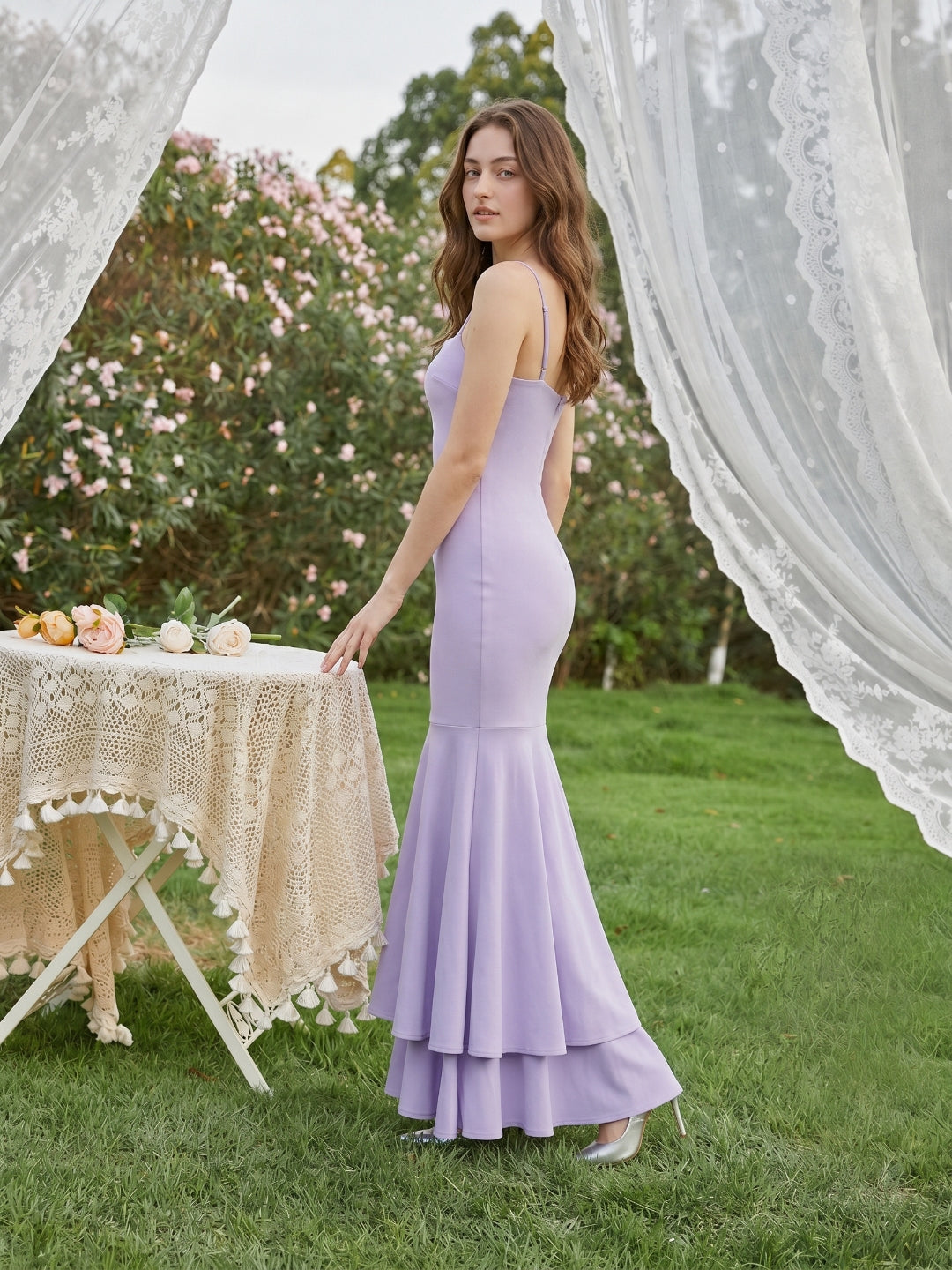 Lavender Matte Satin Mermaid Straight Neck Lace-up Floor-Length Bridesmaid Dress - Curvevia