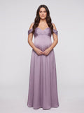 Lavender Satin A-Line Off-the-Shoulder V-Back Ankle-Length Maternity Bridesmaid Dress - Curvevia