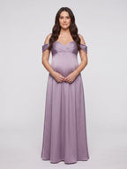 Lavender Satin A-Line Off-the-Shoulder V-Back Ankle-Length Maternity Bridesmaid Dress - Curvevia