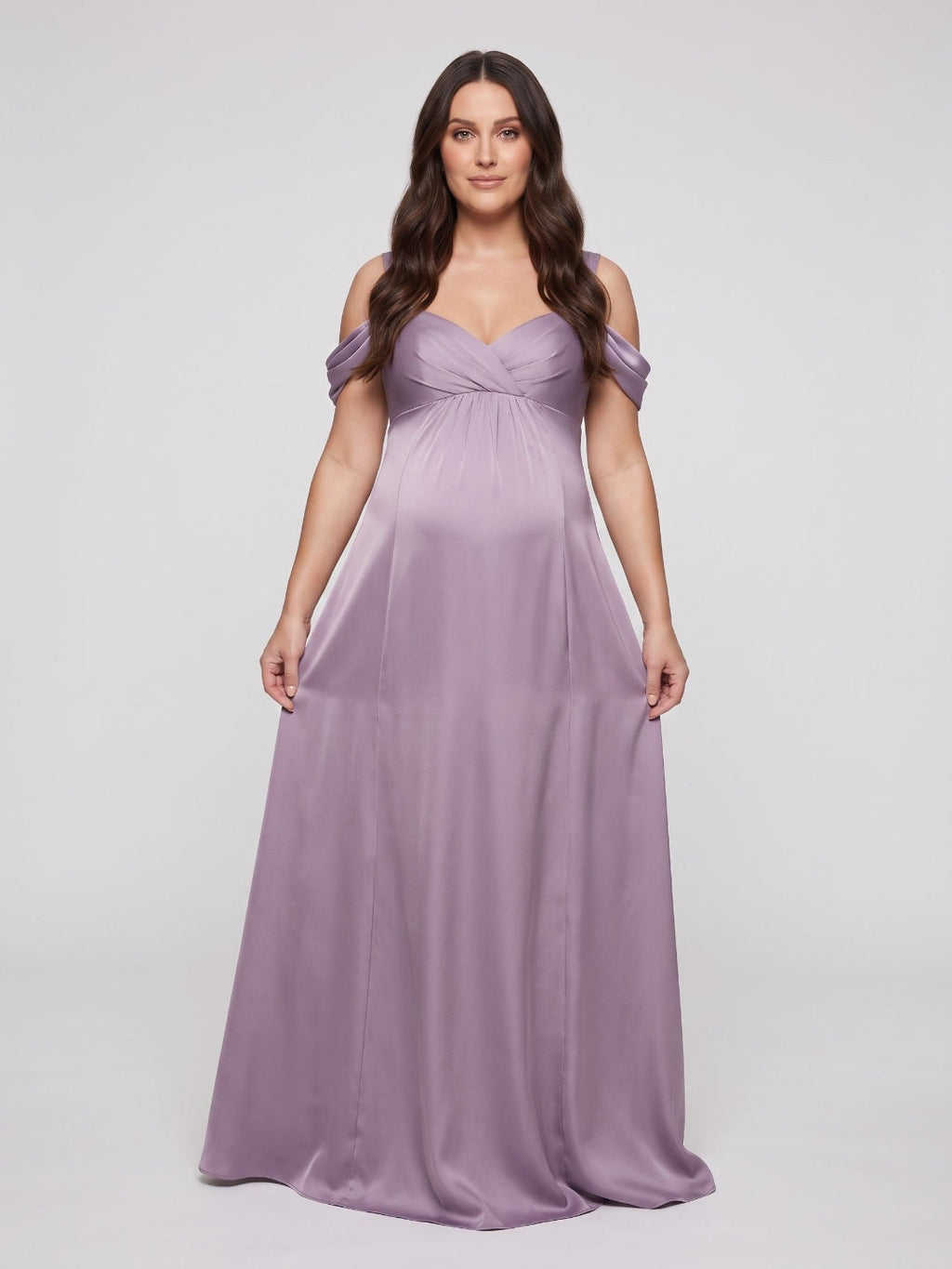 Lavender Satin A-Line Off-the-Shoulder V-Back Ankle-Length Maternity Bridesmaid Dress - Curvevia