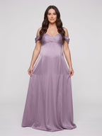Lavender Satin A-Line Off-the-Shoulder V-Back Ankle-Length Maternity Bridesmaid Dress - Curvevia