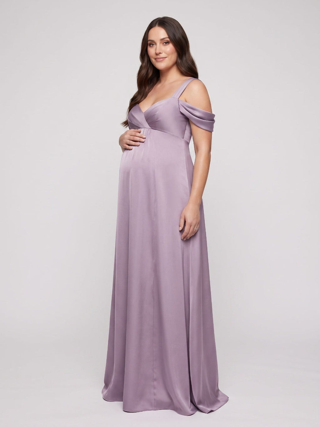 Lavender Satin A-Line Off-the-Shoulder V-Back Ankle-Length Maternity Bridesmaid Dress - Curvevia