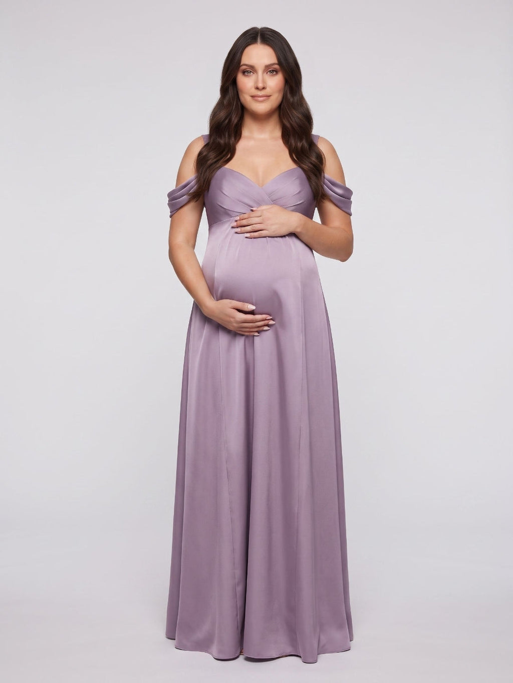 Lavender Satin A-Line Off-the-Shoulder V-Back Ankle-Length Maternity Bridesmaid Dress - Curvevia