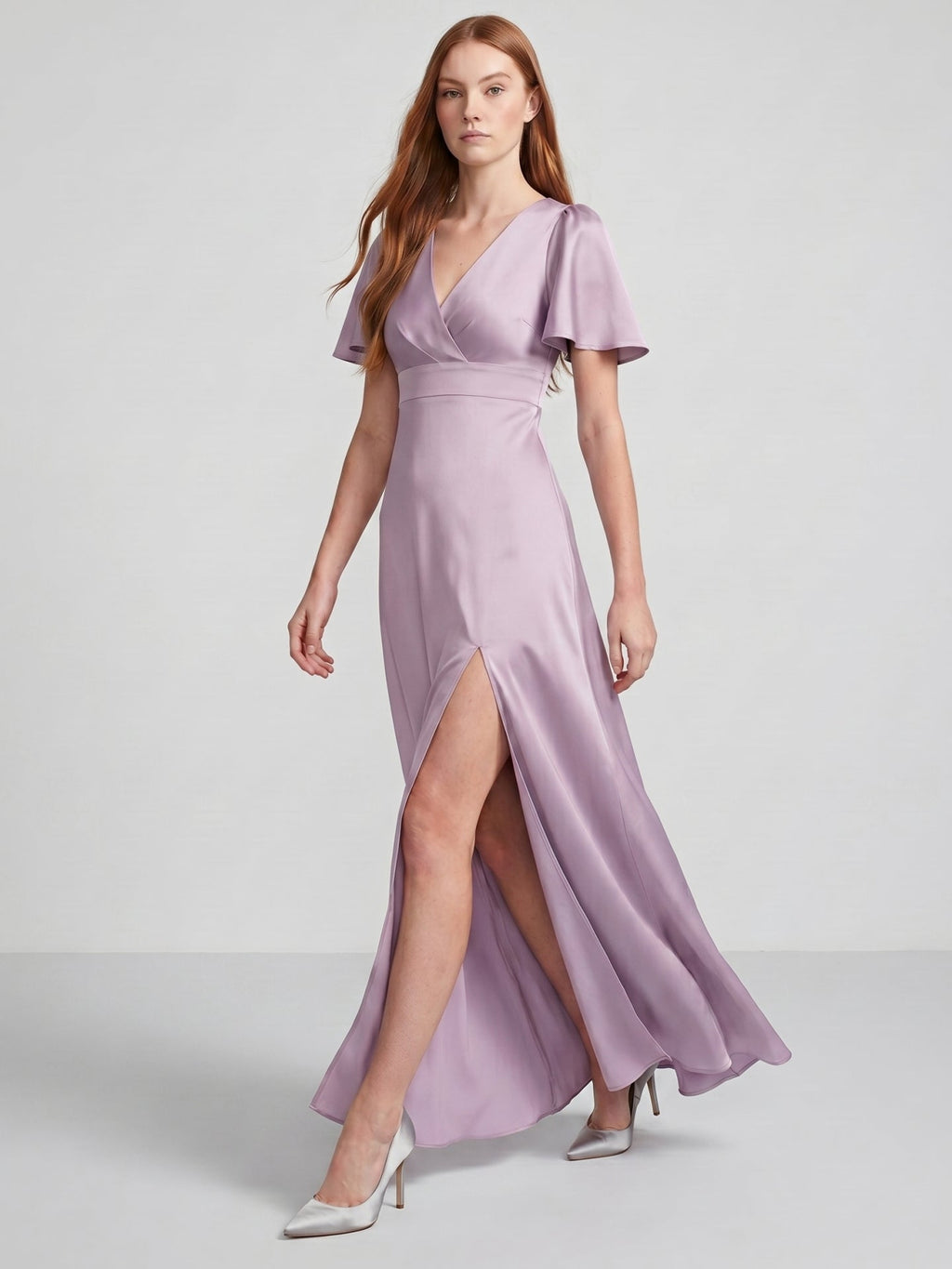 Lavender Satin A-Line V-Neck Back Zip Floor-Length Bridesmaid Dress - Curvevia