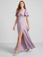 Lavender Satin A-Line V-Neck Back Zip Floor-Length Bridesmaid Dress - Curvevia