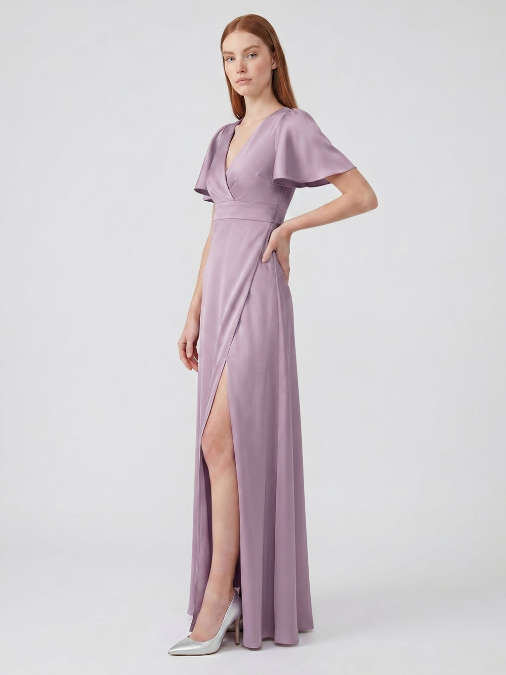 Lavender Satin A-Line V-Neck Back Zip Floor-Length Bridesmaid Dress - Curvevia