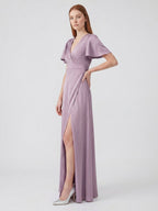 Lavender Satin A-Line V-Neck Back Zip Floor-Length Bridesmaid Dress - Curvevia