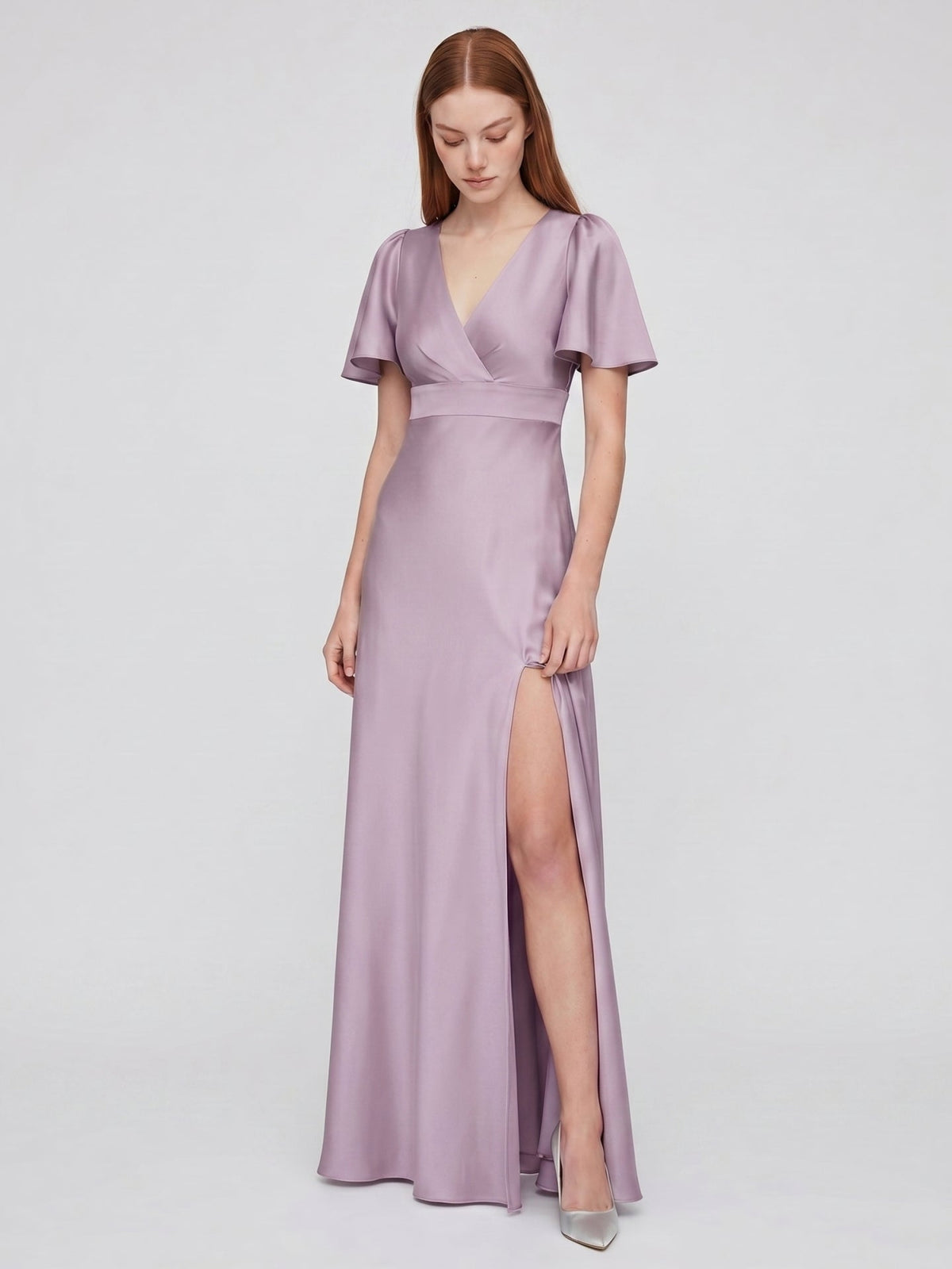 Lavender Satin A-Line V-Neck Back Zip Floor-Length Bridesmaid Dress - Curvevia