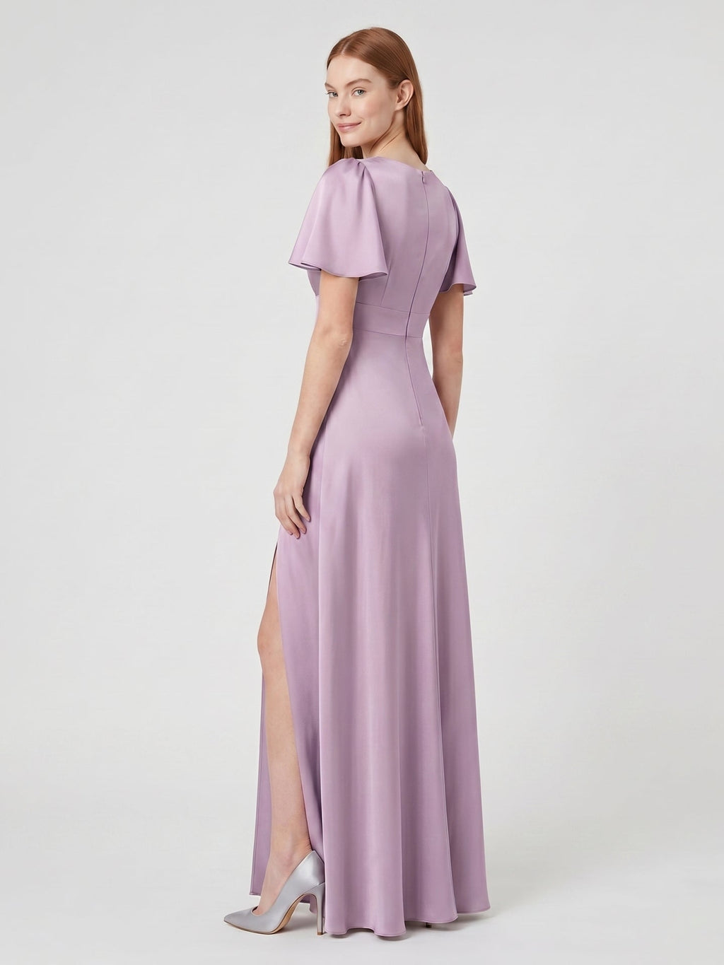 Lavender Satin A-Line V-Neck Back Zip Floor-Length Bridesmaid Dress - Curvevia