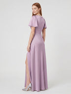 Lavender Satin A-Line V-Neck Back Zip Floor-Length Bridesmaid Dress - Curvevia