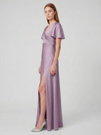 Lavender Satin A-Line V-Neck Back Zip Floor-Length Bridesmaid Dress - Curvevia