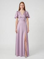 Lavender Satin A-Line V-Neck Back Zip Floor-Length Bridesmaid Dress - Curvevia