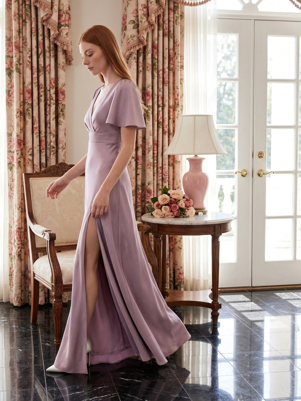 Lavender Satin A-Line V-Neck Back Zip Floor-Length Bridesmaid Dress - Curvevia