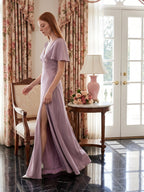 Lavender Satin A-Line V-Neck Back Zip Floor-Length Bridesmaid Dress - Curvevia