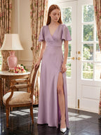 Lavender Satin A-Line V-Neck Back Zip Floor-Length Bridesmaid Dress - Curvevia