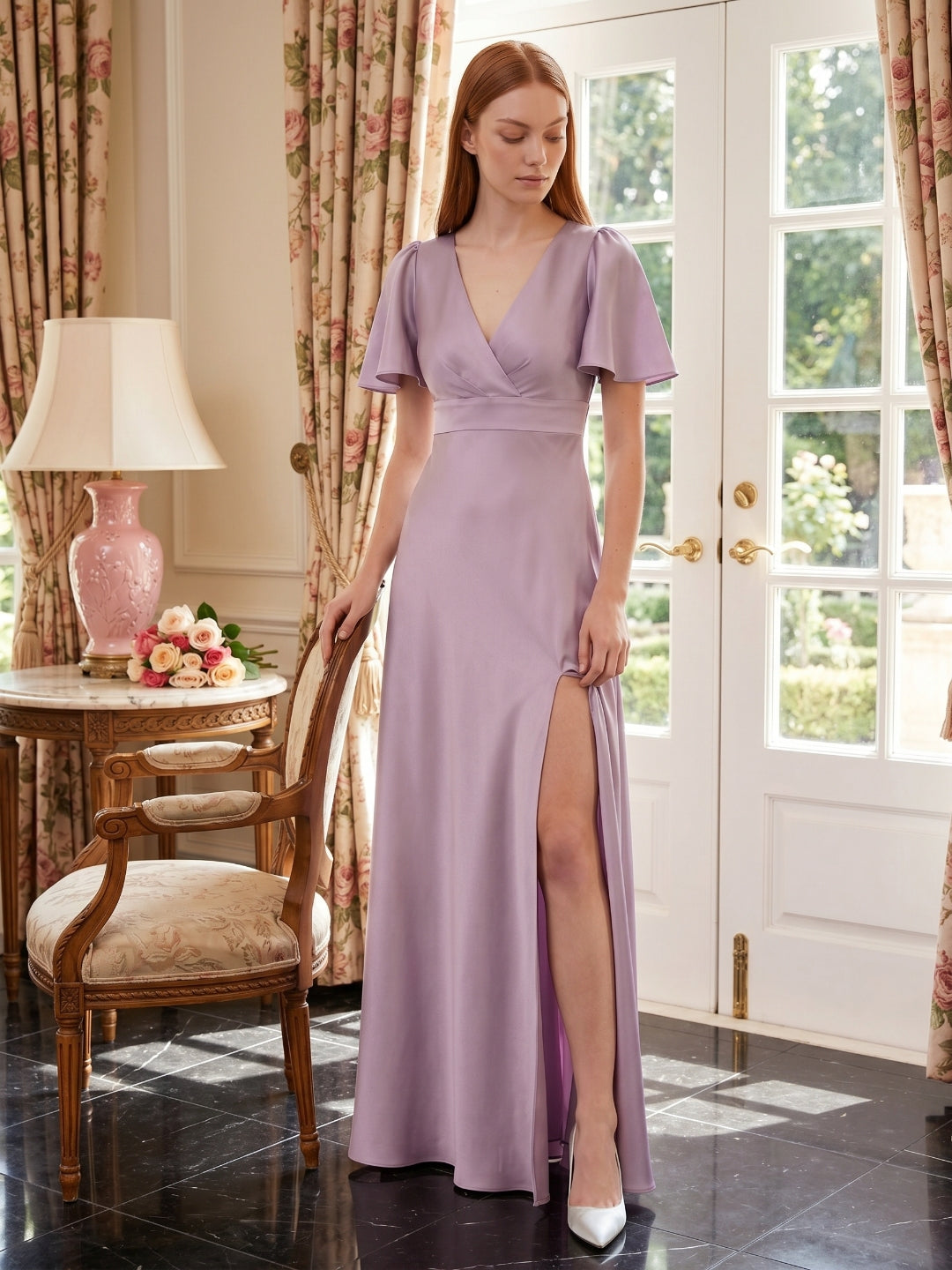 Lavender Satin A-Line V-Neck Back Zip Floor-Length Bridesmaid Dress - Curvevia