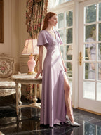 Lavender Satin A-Line V-Neck Back Zip Floor-Length Bridesmaid Dress - Curvevia