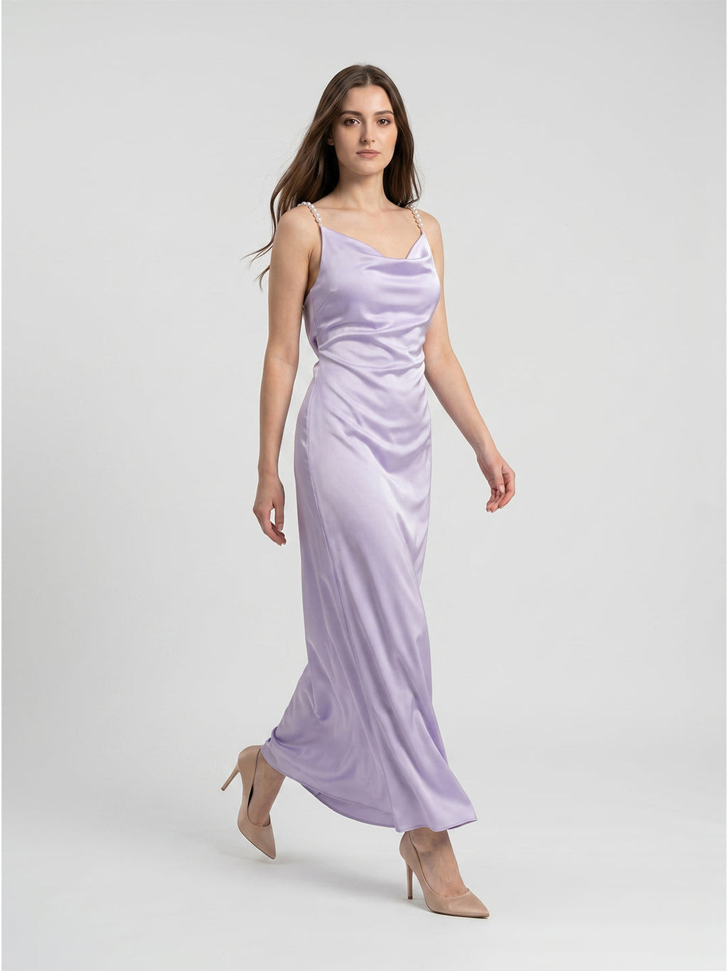 Lavender Satin Column Cowl Neck Backless Floor-Length Bridesmaid Dress - Curvevia
