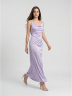 Lavender Satin Column Cowl Neck Backless Floor-Length Bridesmaid Dress - Curvevia