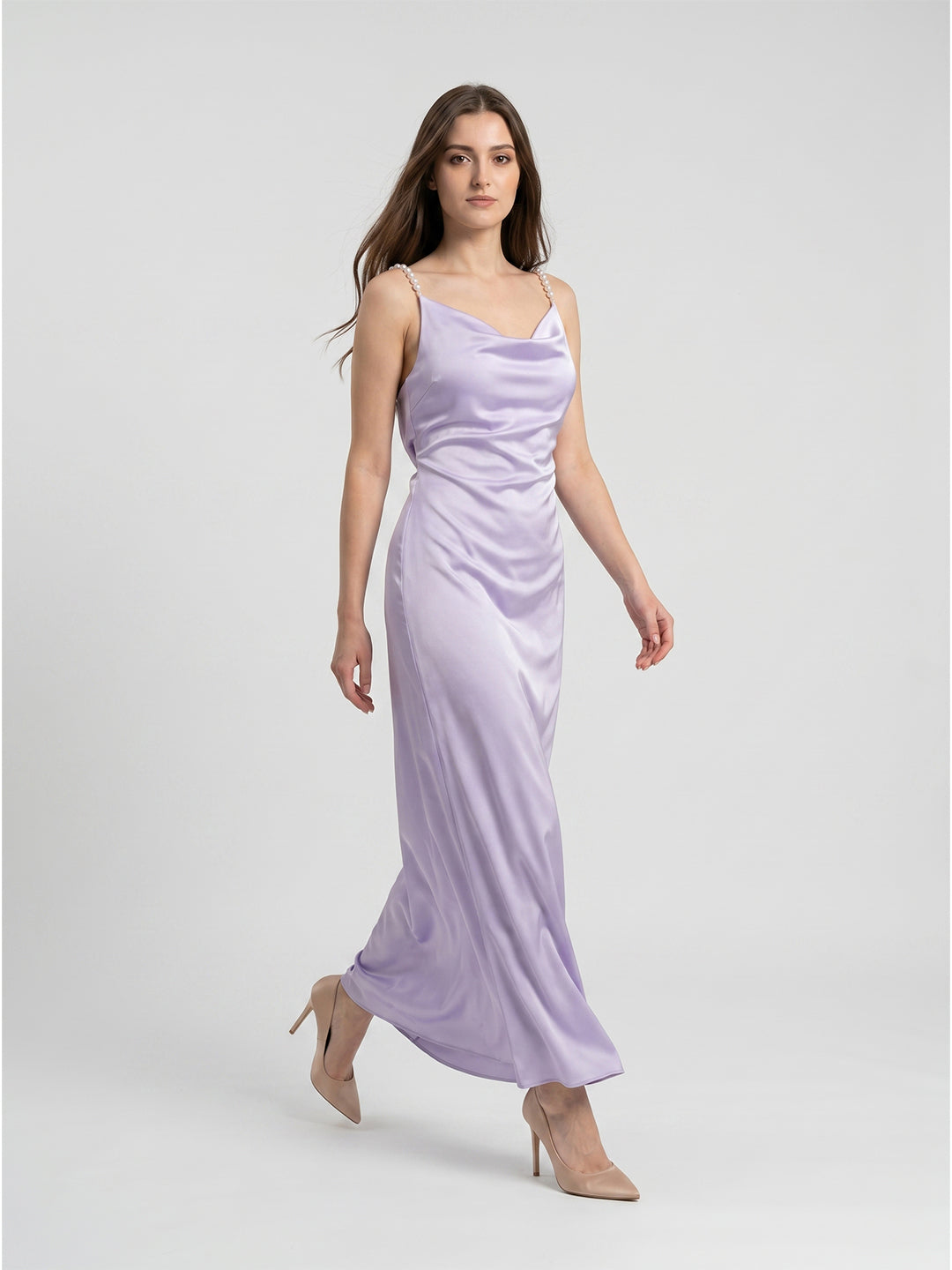 Lavender Satin Column Cowl Neck Backless Floor-Length Bridesmaid Dress - Curvevia