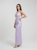 Lavender Satin Column Cowl Neck Backless Floor-Length Bridesmaid Dress - Curvevia