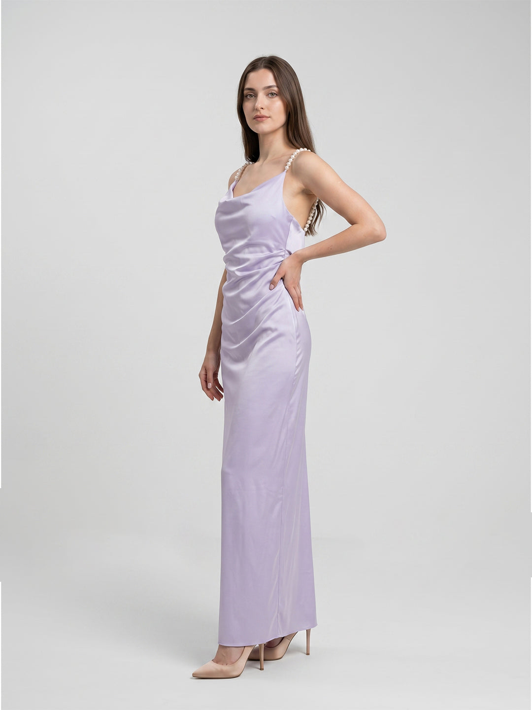 Lavender Satin Column Cowl Neck Backless Floor-Length Bridesmaid Dress - Curvevia