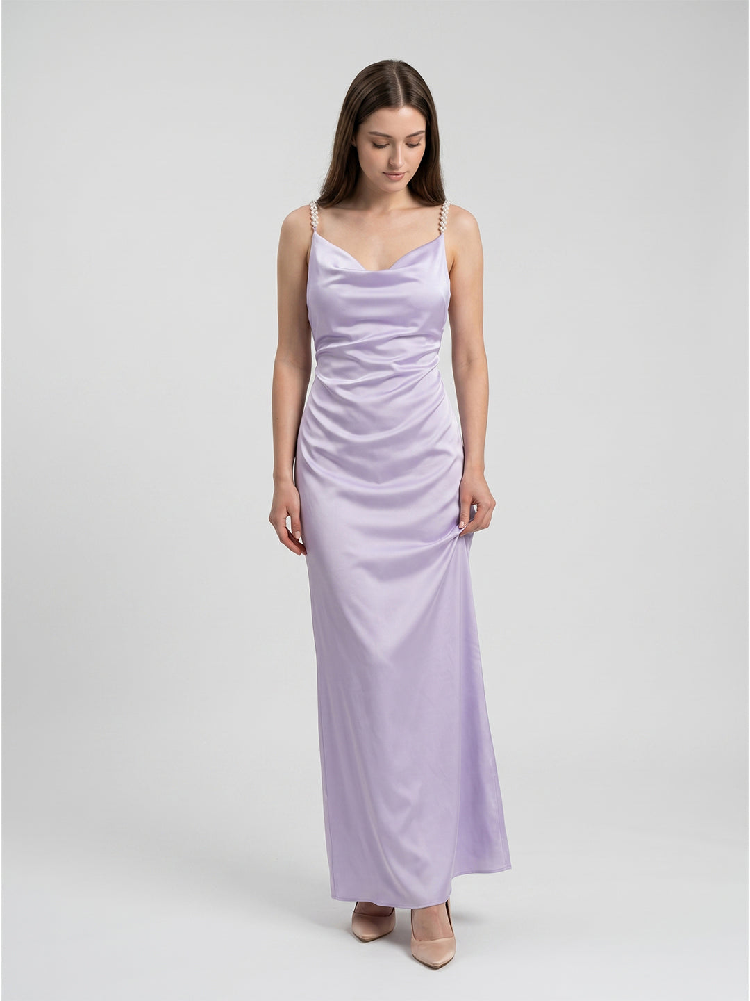 Lavender Satin Column Cowl Neck Backless Floor-Length Bridesmaid Dress - Curvevia