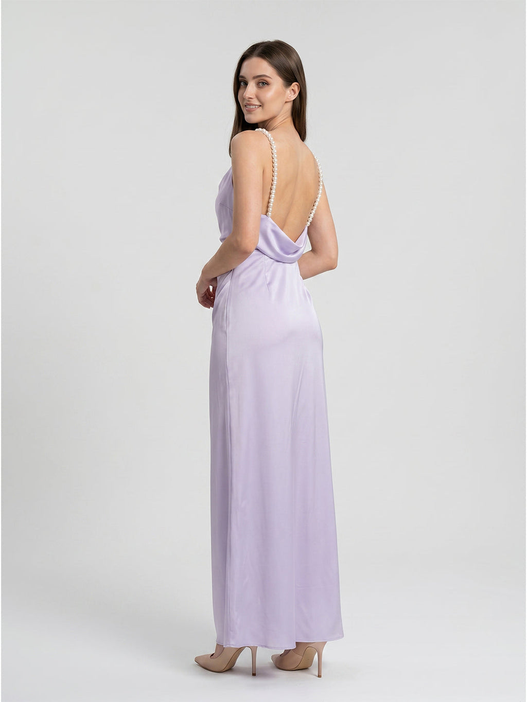Lavender Satin Column Cowl Neck Backless Floor-Length Bridesmaid Dress - Curvevia
