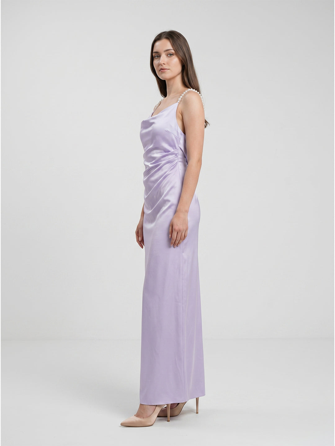 Lavender Satin Column Cowl Neck Backless Floor-Length Bridesmaid Dress - Curvevia