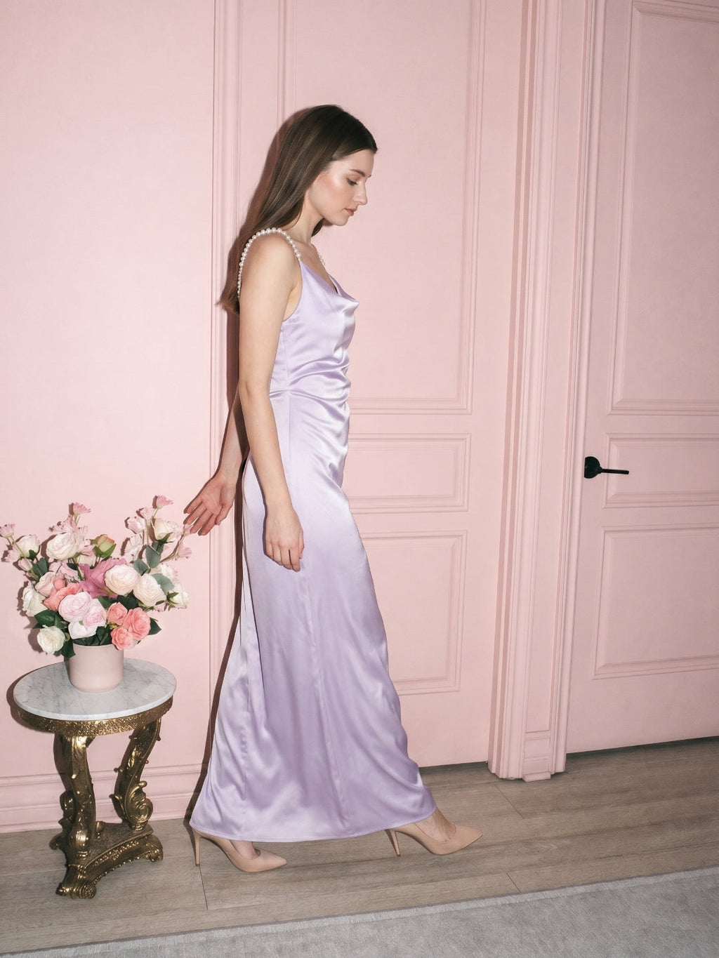 Lavender Satin Column Cowl Neck Backless Floor-Length Bridesmaid Dress - Curvevia