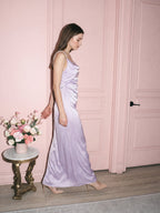 Lavender Satin Column Cowl Neck Backless Floor-Length Bridesmaid Dress - Curvevia