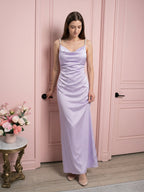 Lavender Satin Column Cowl Neck Backless Floor-Length Bridesmaid Dress - Curvevia