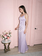 Lavender Satin Column Cowl Neck Backless Floor-Length Bridesmaid Dress - Curvevia