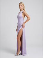 Lavender Satin Column One Shoulder Backless Floor-Length Bridesmaid Dress - Curvevia