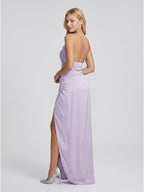 Lavender Satin Column One Shoulder Backless Floor-Length Bridesmaid Dress - Curvevia