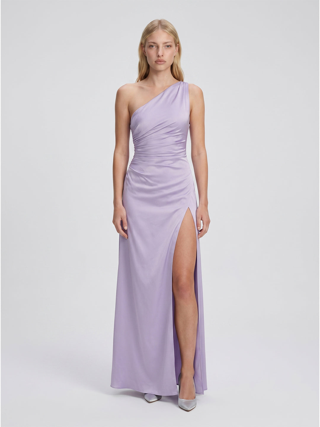 Lavender Satin Column One Shoulder Backless Floor-Length Bridesmaid Dress - Curvevia