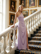 Lavender Satin Column One Shoulder Backless Floor-Length Bridesmaid Dress - Curvevia