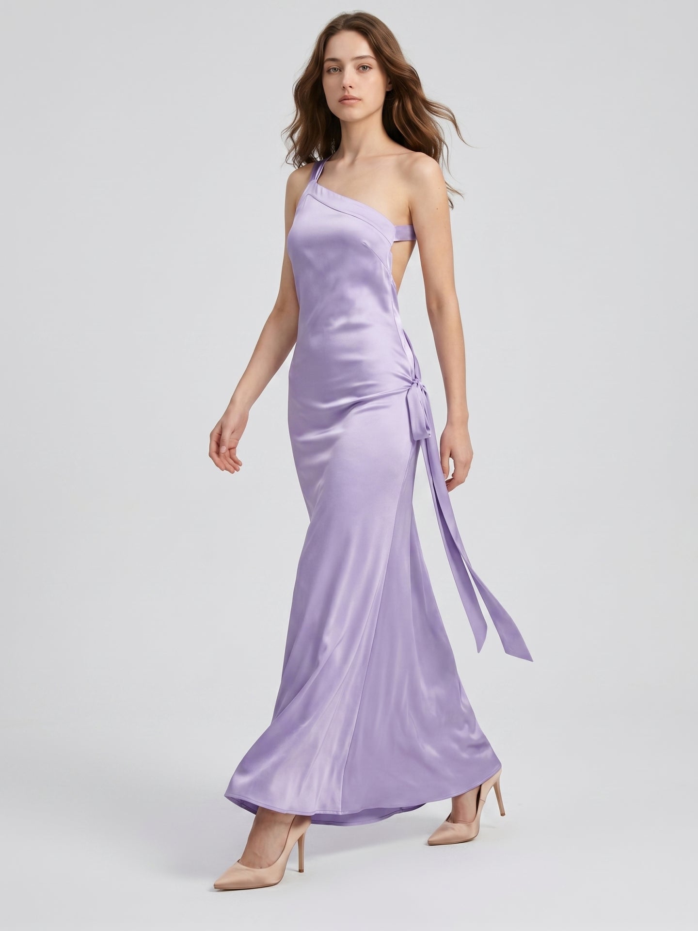 Lavender Satin Column One Shoulder Lace-Up Floor-Length Bridesmaid Dress - Curvevia