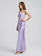 Lavender Satin Column One Shoulder Lace-Up Floor-Length Bridesmaid Dress - Curvevia
