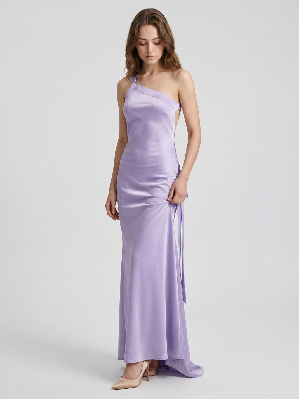 Lavender Satin Column One Shoulder Lace-Up Floor-Length Bridesmaid Dress - Curvevia